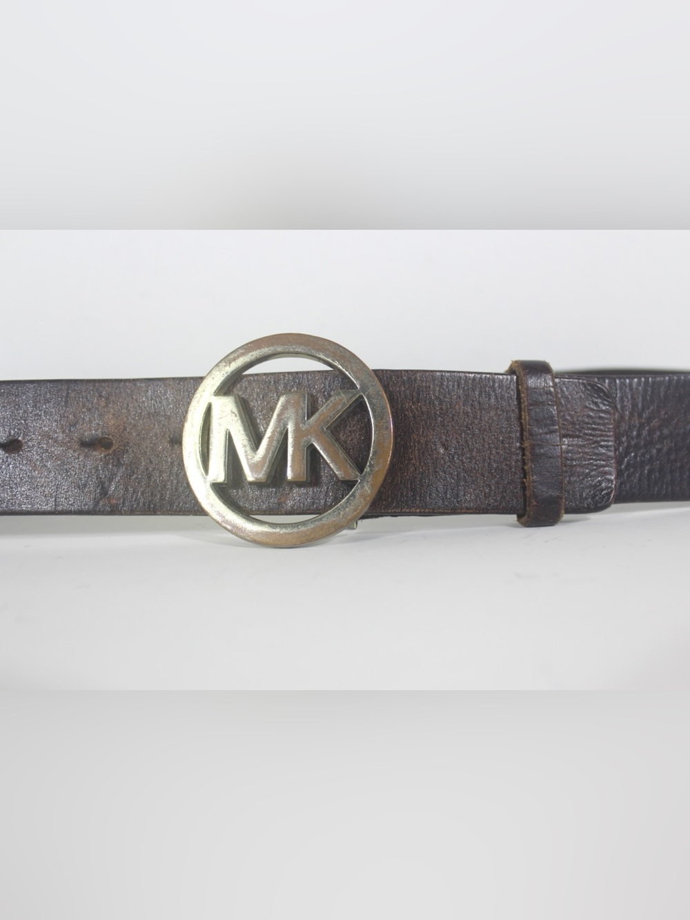 Vintage Distressed Dark Brown Wide Leather Belt MK Buckle Worn In